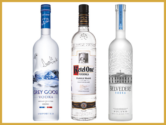 Grey Goose, Ketel One, Belvedere bottles